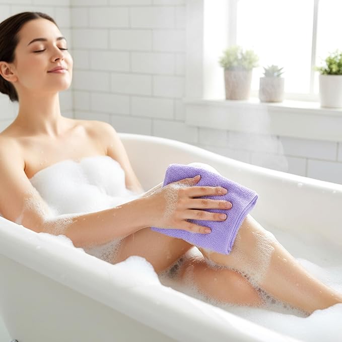 2 Pack Exfoliating Back Towel Scrubber for Shower, Nylon Exfoliating Back Washer for Shower for Women with Handles, Stretchable Pull Strap Bath Scrubber for Women Men Clean Skin Deeply(Pink, Purple)