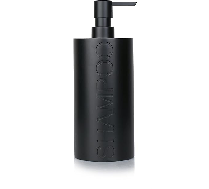 Indecor Home Matte Black Shampoo Dispenser Modern Refillable Pump Bottle with Embossed Text, Durable Resin Construction for Bathroom and Kitchen