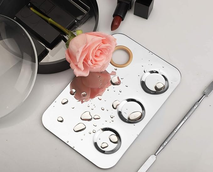 KissDate Makeup Mixing Palette, 6x4inch Stainless Steel Makeup Palette 3-well Nail-art Cosmetic Artist Mixing Palette with Makeup Spatula, Stocking Stuffers Christmas Gifts for Women