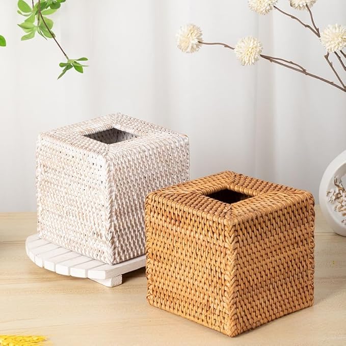 Rattan Tissue Box Cover Square, Wicker Tissue Box Holder, Decorative Woven Facial Tissue Holder for Bathroom, Kitchen, Living Room, Bedroom (Whitewash)