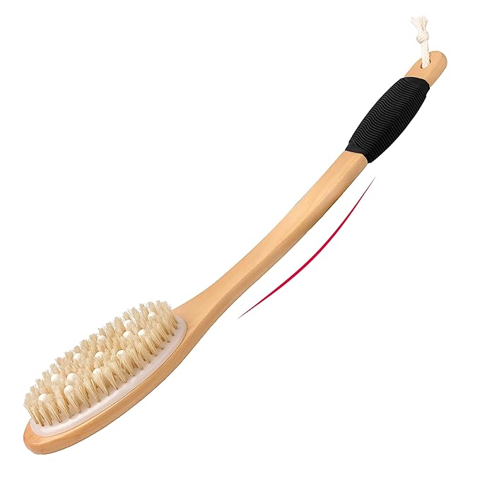 OWIIZI Bath Brush with Cellulite Massagers, Wooden Curved Long Handle Antiskid Dry Brushing Body Brush for Exfoliating, Natural Bristle Back Scrubber for Shower Use Wet or Dry for Men Women Elders
