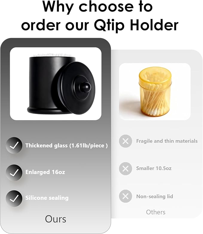 4 Pack Bathroom Organizers and Storage - 16 Oz Glass Qtip Holder & Cotton Pad Dispenser with Lid, Apothecary Jars for Home, Room Decor, Kitchen Organizer (Black)