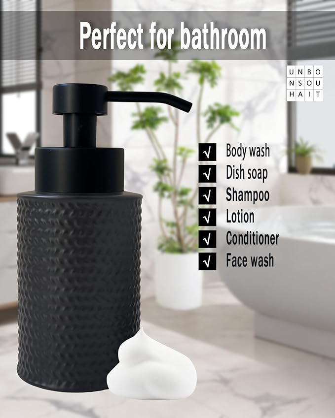 10 Oz Foaming Soap Dispenser for Bathroom,Kitchen Foam Soap Dispenser,Refillable Modern Foam Pump Bottle,Black Ceramic Foaming Hand Pump Dispenser (Black Weave)
