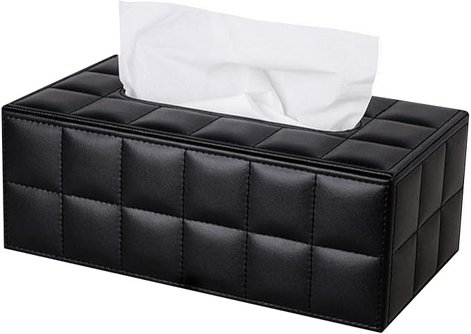 High-end Fashion PU Leather Tissue Box Holder Business Black, Rectangular Napkin Holder Drawer Paper Dispenser, Home Office Car Tissue Holder with Magnetic Bottom (Black Checkered)
