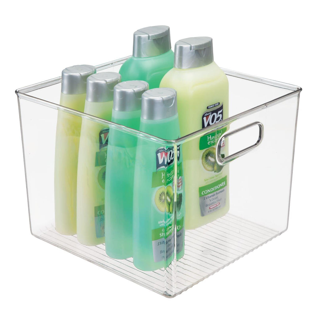 mDesign Plastic Modern Storage Organizer Bin Basket with Handles for Bathroom Organization - Shelf, Cubby, Cabinet, Vanity, and Closet Organizing Decor - Ligne Collection - Clear