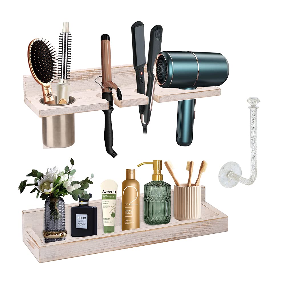 Wall Mount Hair Tool Organizer, 2 Tier Rustic Wooden Blow Dryer Holder