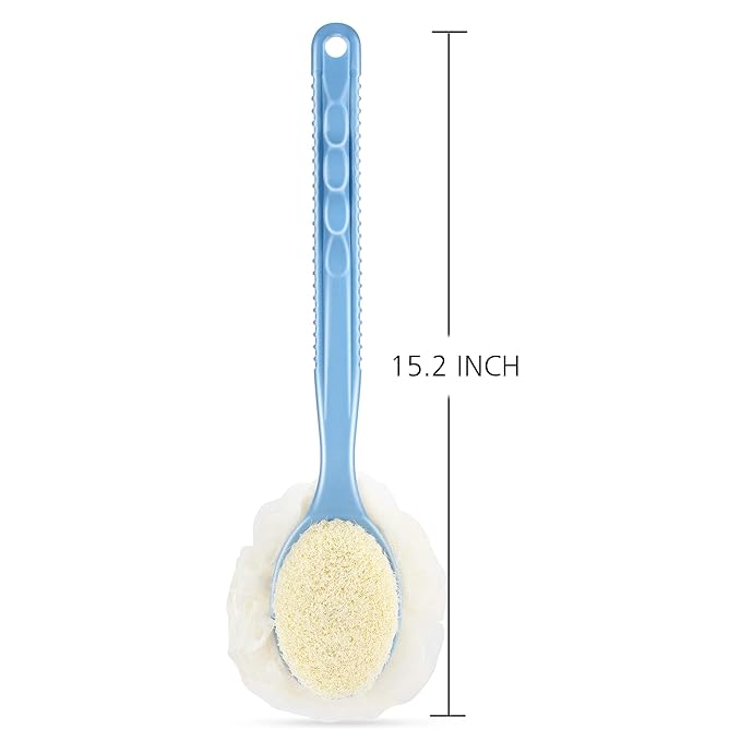 Shower Body Brush with Bristles and Loofah,Back Scrubber Bath Mesh Sponge with Curved Long Handle for Skin Exfoliating Bath, Massage Bristles Suitable for Wet or Dry, Men and Women (Black)