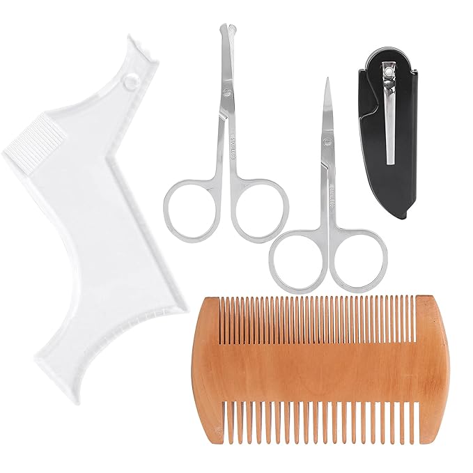 Beard Shaping Tool, Professional Beard Grooming Styling Set with Transparent Template Comb and Stainless Steel Scissors for Men Facial Hair Care