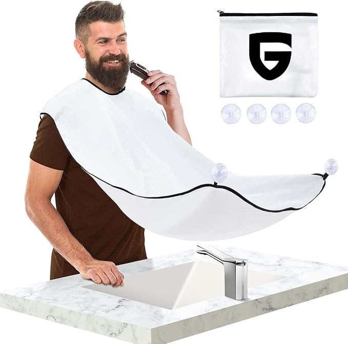 Father's Day Gifts from Daughter Son Wife, Beard Bib Hair Catcher for Sink, Beard Cape Trimming Catcher, Gifts for Men Dad Husband, Waterproof Non-Stick Beard Trimmer with 4 Suction Cups(White)