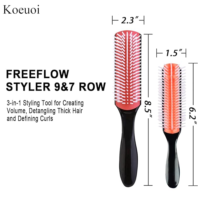 Koeuoi Classic Styling Hair Brush for Wet or Dry Curly Hair. 9 Row Black Brush for Detangling, Separating, Shaping