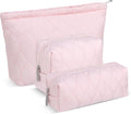 Huhumy 3 Pcs Puffy Makeup Bag Quilted Cosmetic Pouch for Women Cute Water drop Travel Toiletry Bag Puffer Makeup Organizer Purse Pouch Preppy Pencil Case with Zipper(Light Pink)