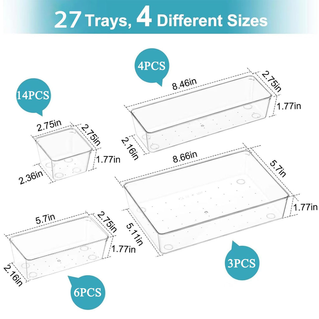 27 Pack Clear Plastic Drawer Organizer Set - 4 Sizes Makeup Vanity Organizer Chest of Drawers Storage Stackable Organizers Bins Divider Box for kitchens, Bedrooms, Bathrooms, Offices, Junk, Gadgets