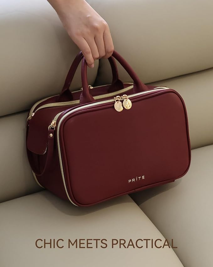 Prite Makeup Bag for Women, Large Capacity Waterproof Travel Cosmetic Organizer, Portable Open Flat Toiletry Bag with Free-standing Brush Holder and Handle (Burgundy Large)