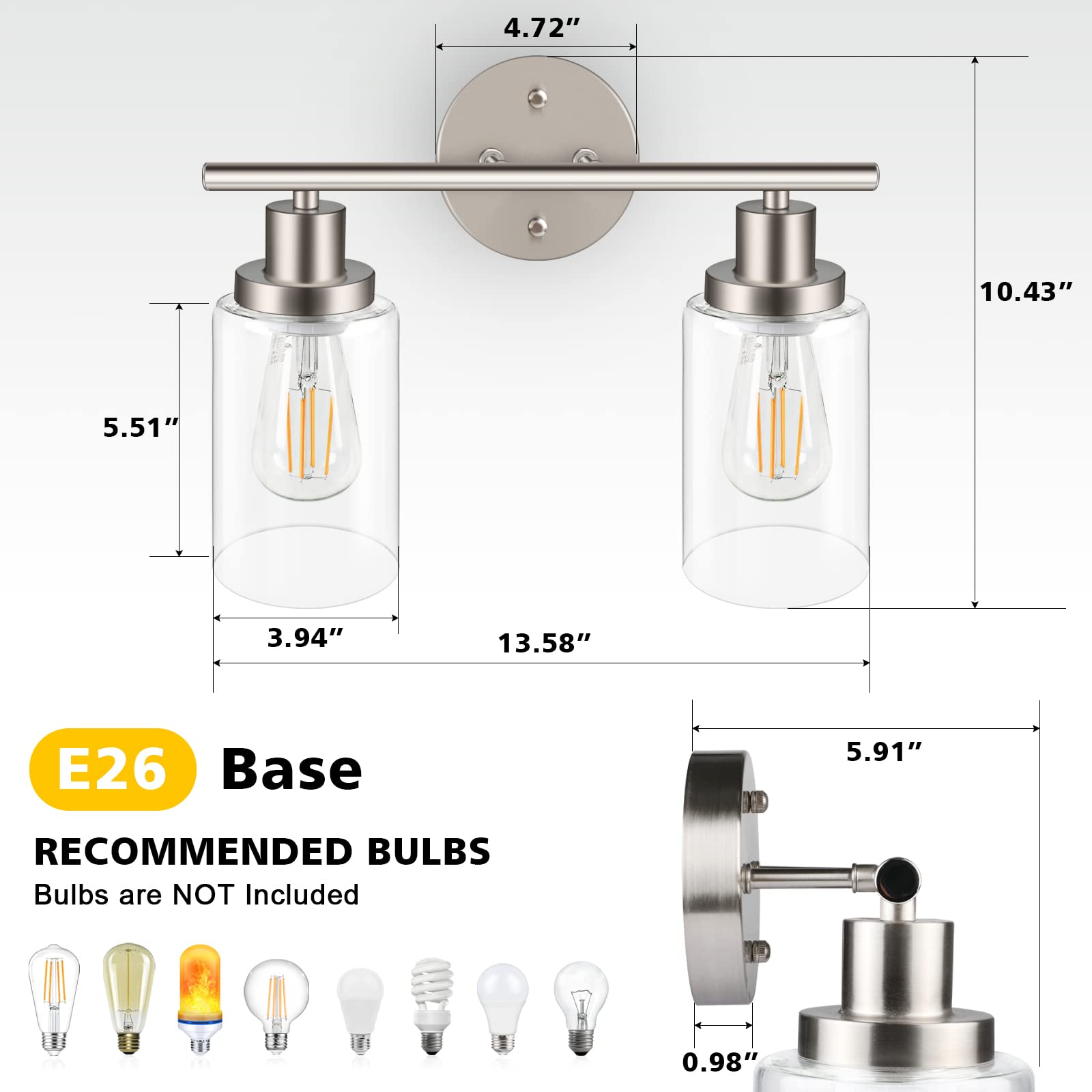 Unicozin 2 Light Vanity Lights, Brushed Nickel Wall Sconce Light with Clear Glass, Bathroom Light Fixtures, Wall Lights for Mirror, Living Room, Bedroom, Hallway, E26 Base (Bulbs Not Included)