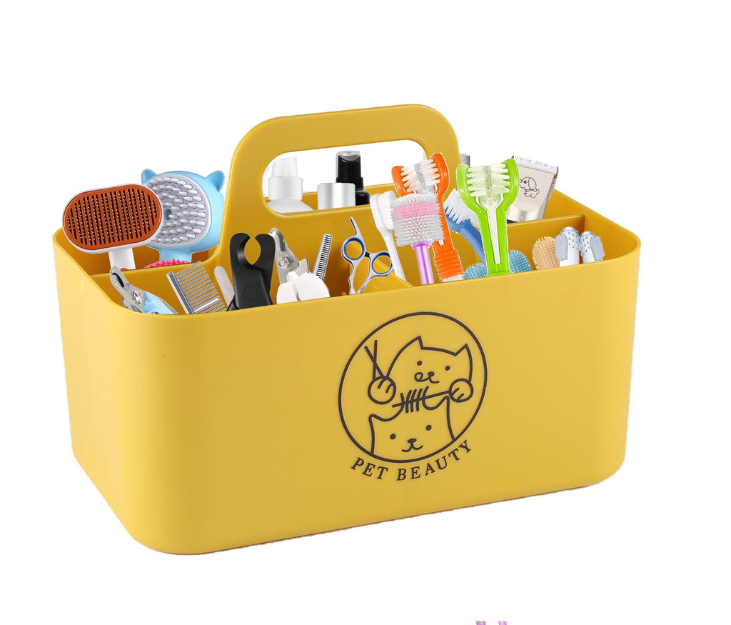 Brabtod Dog Storage Organizer for Grooming Supplies,Portable Caddy Organizer for Pet Stuff,Divided Storage Bin for Dog Cat Grooming Kit,Dog Stuff Organizer with Handle for Shampoo,Clipper,Comb-Yeloow
