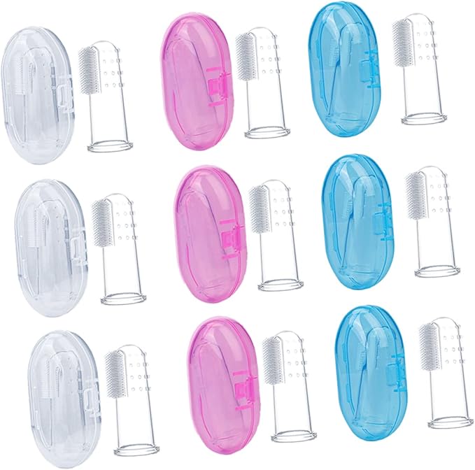 Mikinona 9Pcs Silicone Finger Toothbrush with Storage Box Dual Sided Oral Cleaning Brush for Years Teeth Cleaner Gum Massager Transparent Blue Pink Colors