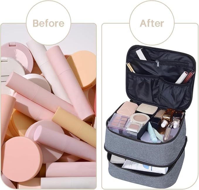 TANPADUAJI Double Layer Makeup Bag Portable Large Cosmetic Case Organizer with Adjustable Dividers Storage Travel Bag for Accessories Brushes Conditioner and Skin Care Products (Grey)