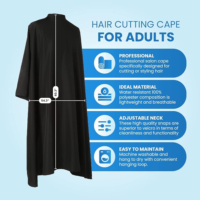 Large Hair Cutting Cape Water Resistant Salon Cape Snap Closure (Black)