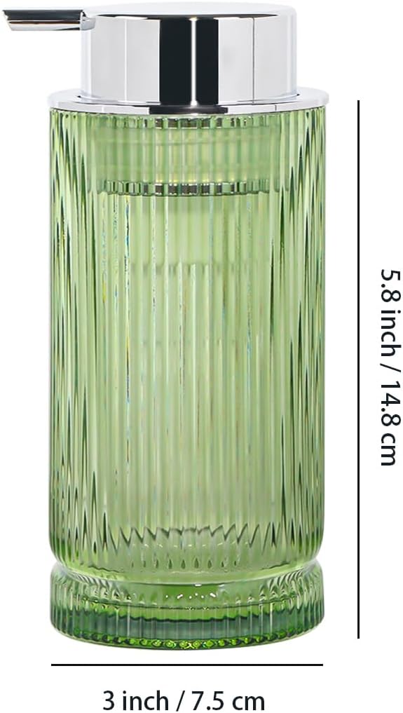 Tonxus 14 Oz Foaming Soap Dispenser, Green Glass Soap Dispenser, Refillable Foam Pump Bottle Lotion Container with Silver Pump, Decorative Slim Ribbed Bottle for Bathroom and Kitchen Decor