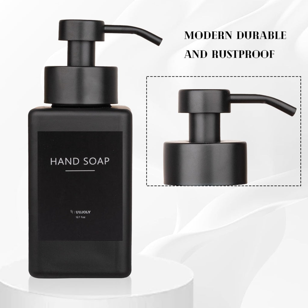 Foaming Soap Dispenser with Stainless Steel Pump, 12oz Refillable Glass Liquid Dish Soap Bottles for Bathroom, Kitchen Sink, Home Decor