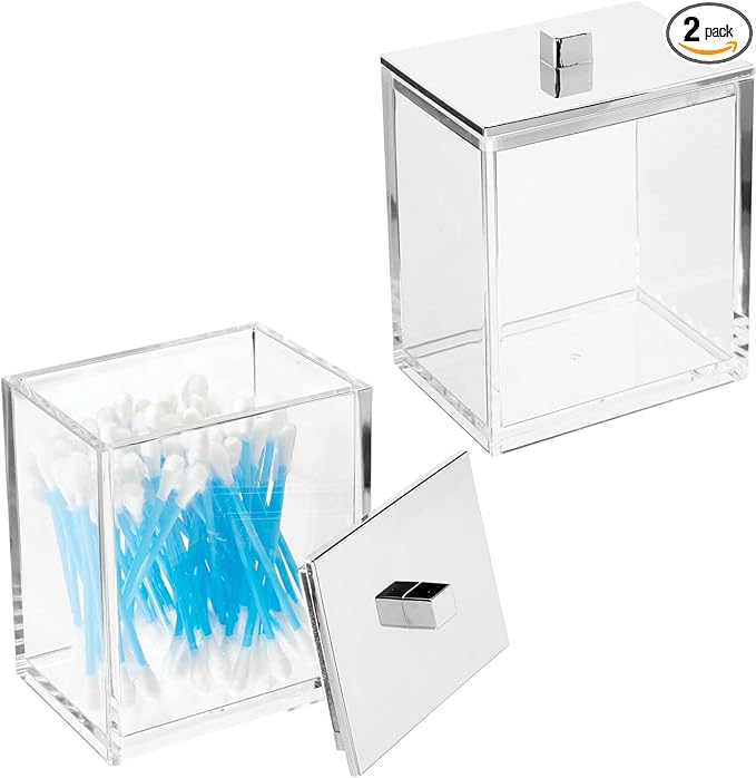 mDesign Plastic Rectangle Apothecary Canister - Organizer for Bathroom Vanity Countertop Shelf Decor - Holds Cotton Swabs, Soap, Makeup, Bath Salts - 2 Pack- Lumiere Collection - Clear/Chrome