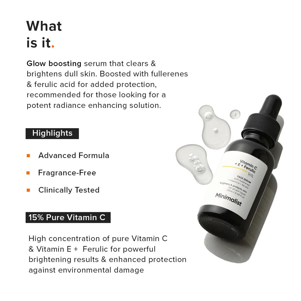 Minimalist Vitamin C+E+Ferulic Acid 16% Face Serum for Brightening & Anti Aging | Reduces Skin Damage & Redness to Brighten Dull Complexion | With Antioxidants | For Women & Men | 0.68 Fl Oz / 20 ml