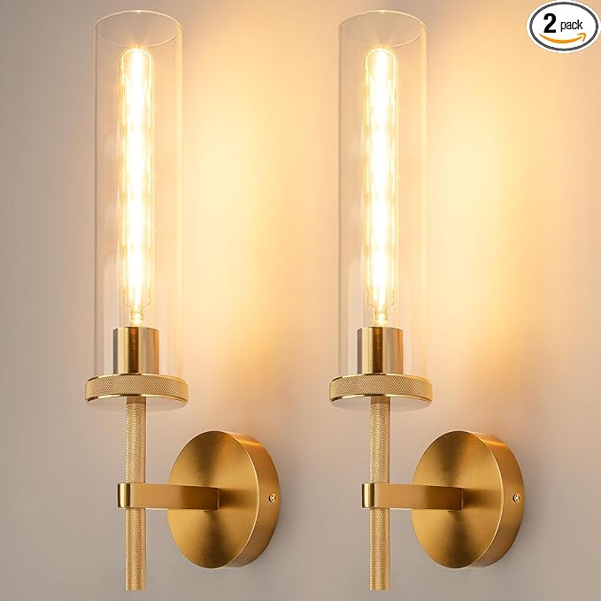 19.5" Knurled Gold Hardwired Wall Sconces Set of 2, Bathroom Vanity Light Fixtures with Clear Glass Tube, Modern Lamp Lighting for Bedroom, Living Room, Hallway, Staircase, Mirror, Kitchen