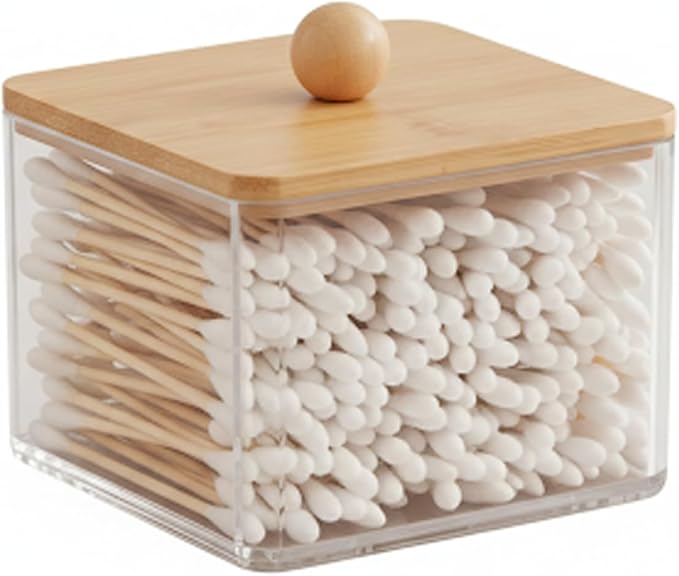 VIPTUVI Cotton Swab Holder with Bamboo Lid, Single Layer Plastic Apothecary Jar for Bathroom Vanity, Cotton Ball Container & Floss Pick Organizer, Dispenser for Hair Tie & Cotton Rounds.