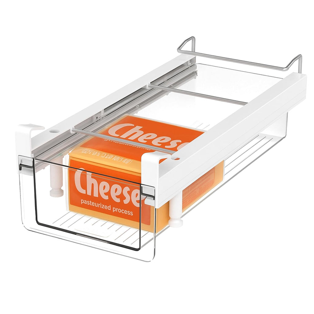 vacane Fridge Organizer Drawer, Clear Plastic Fridge Organizer Bins, Add on Refrigerator Drawer,Fridge Storage Container Under Shelf Holder for Fruit, Vegetable, Meat, Cheese, Easy to Install-M
