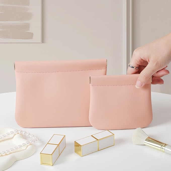 MEIBOOCH 2 Pack Small Makeup Bag for Women, New Organosilicon Super Fiber PU Leather Mini Cosmetic Bag for Travel, Coin Purse Organizer Storage Pouch (No Phrase Printed, Pink)