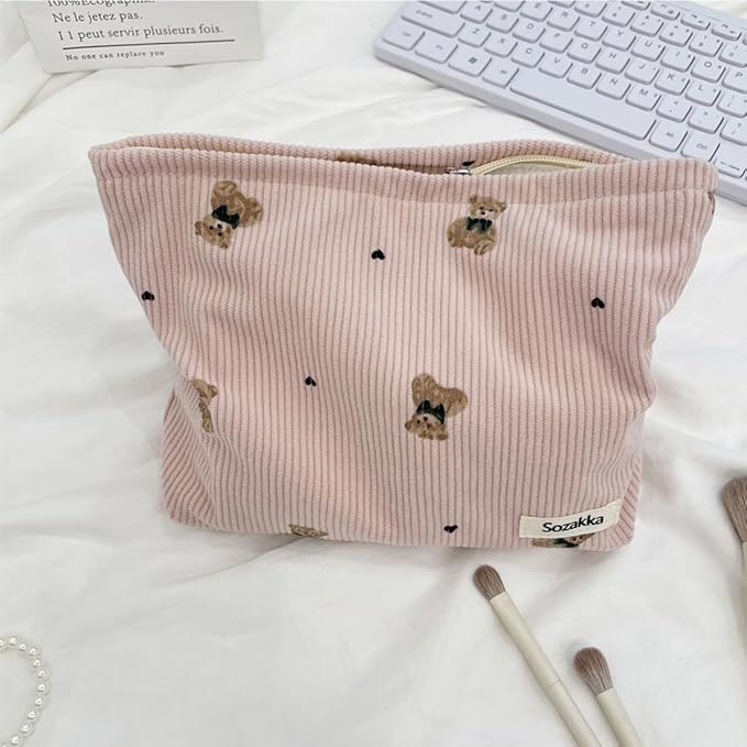 SxoSyo Corduroy Makeup Bags, Bear Cosmetic Purse, Pink