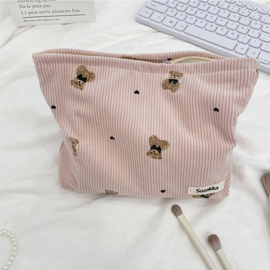 SxoSyo Corduroy Makeup Bags, Bear Cosmetic Purse, Pink