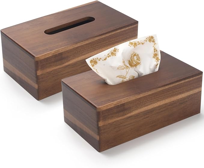 Tissue Box Cover Rectangle, Wood Tissue Box Holder, Wooden Facial Paper Holder for Bathroom, Bedroom, Dinner Table, Office (2 Pack, 9.8 x 5.5 x 3.7 inch)