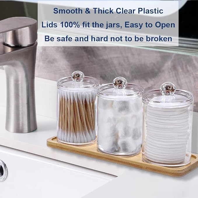 WISIEW 4 Pack Qtip Holder Dispenser for Cotton Ball, Swab, Round Pads, Floss - 10 oz Clear Plastic Apothecary Jar Set for Bathroom Canister Storage Organization, Vanity Makeup Organizer