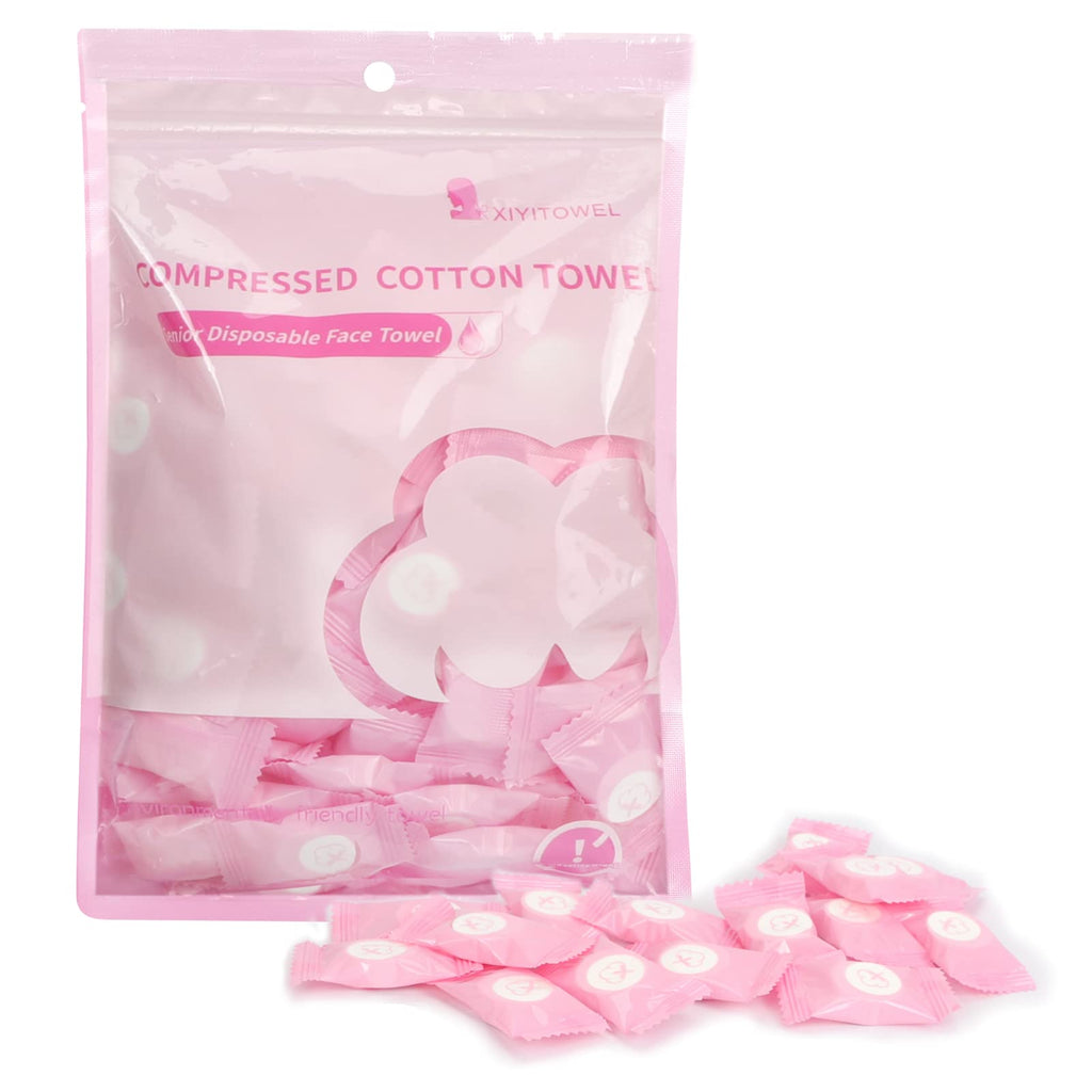 Classycoo Compressed Towel 100 PCS Mini Tablets Disposable Portable Face Towel Cotton Coin Tissue Eco-Friendly for Travel, Camping, Hiking, Sport, Beauty, Home Hand Cloths, Outdoor Activities Pink