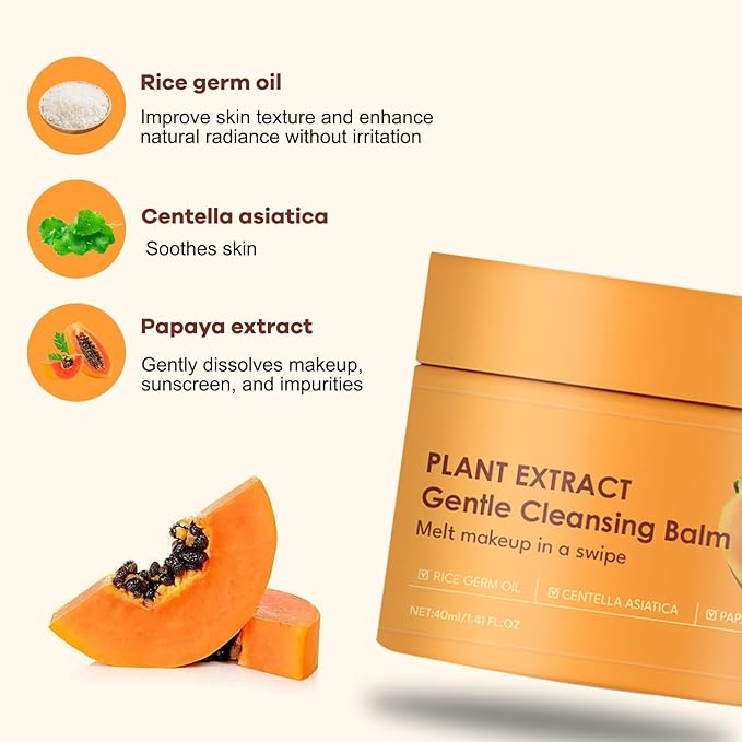 YILEST 2-in-1 Cleansing Balm Makeup Remover with Papaya Extract & Rice Germ Oil, Gentle Exfoliator, Face Cleanser for Women & Makeup Remover Balm for All Skin Types 1.41 FI.0Z