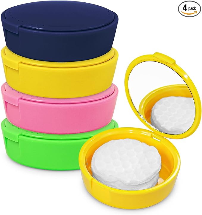 Plastic Cotton Round Holder with Mirror 4 Pack Cosmetic Cotton Pad Holder Portable Travel and Sealed Suitable for Makeup Remover, Beads, Jewelry, Crafts (4 Colors (Blue, Pink, Green, Yellow))