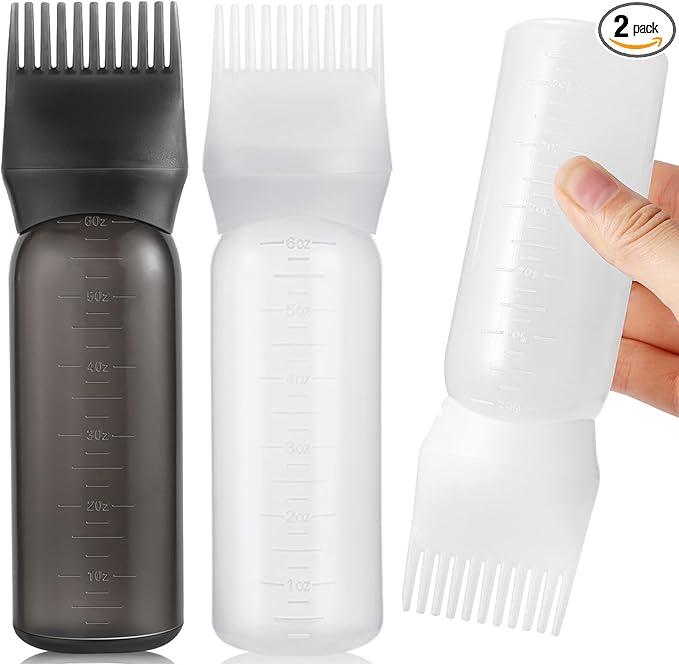 Pimoys 2 Pack Root Comb Applicator Bottle 6 Ounce Oil Applicator for Hair Dye, Hair Oiling Applicator Hair Coloring Bottle with Graduated Scale, Black and White