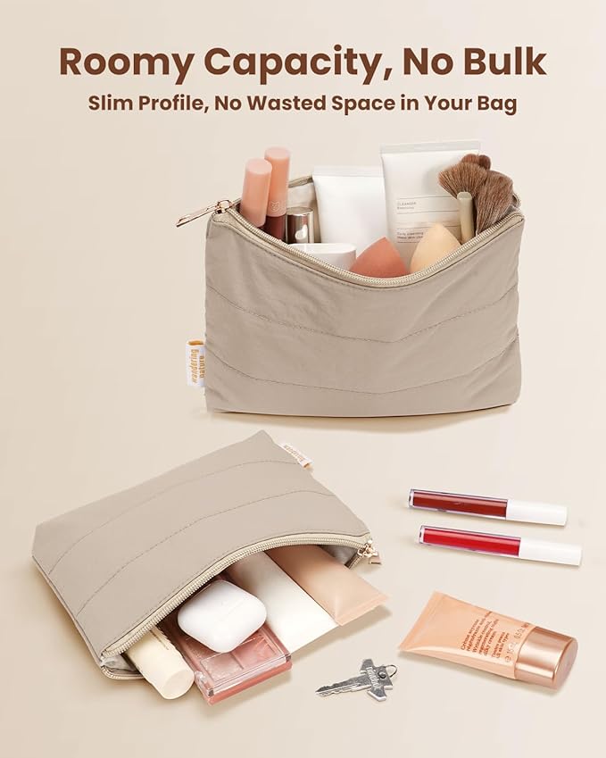Wandering Nature Small Makeup Bag 2 Pack Cosmetic Bag for Purse, Puffer Quilted Makeup Pouch, Cute Travel Pouch with Zipper for Women, Khaqi
