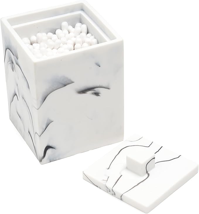 Joitsvia Qtip Holder with Lid, Bathroom Resin qtip holder dispenser , Cotton Swab Container jars, Cotton Ball Organizer for Floss Jewelry Necklace Ring Earring Storage jar Gift Case, Ink White