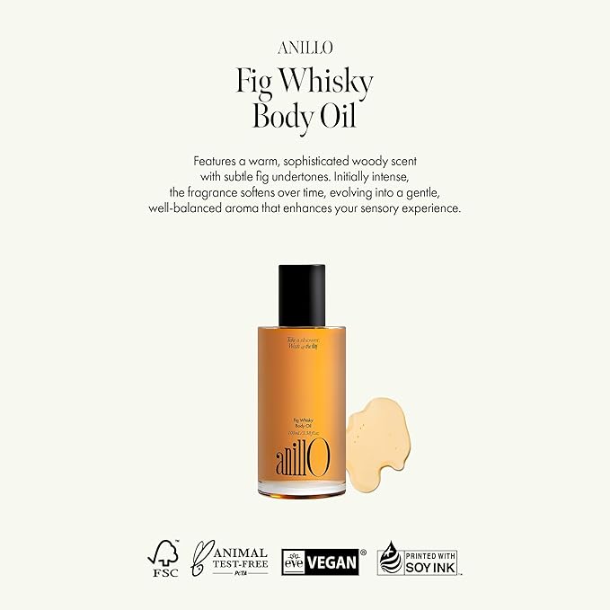 ANILLO Fig Whisky Hydrating Body Oil – Fast-Absorbing & Non-Greasy Moisturizer with Fig, Argan & Jojoba Oils – Silky Smooth Glow & Deep Nourishment, Woody Scent, 3.38 fl. oz