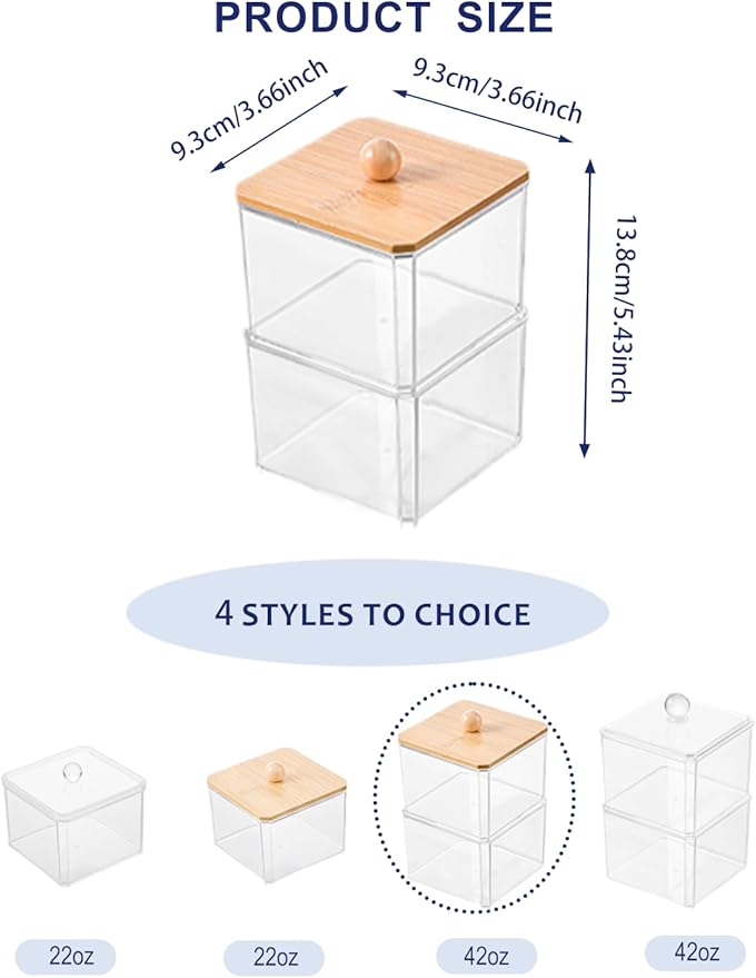 VIPTUVI Cotton Swab Holder with Bamboo Lid, Double Layer Stackable Apothecary Jar for Bathroom Vanity, Cotton Ball Container & Floss Pick Organizer, Dispenser for Hair Tie & Cotton Rounds.