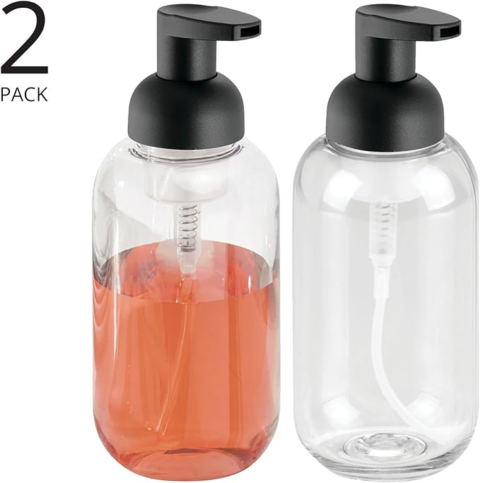 mDesign Round Plastic Refillable Foaming Soap Dispenser Pump Bottle for Bathroom Vanity Countertop - Vintage-Inspired, Compact Container Design - Twain Collection - 2 Pack - Clear/Matte Black