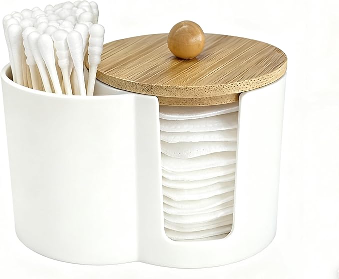 PENGARO Cotton Pad Swab Holder, Q tip Holder Round Cotton Pads Dispenser Small Plastic Swabs Dispenser with Lid, Bathroom Accessories Storage Organizer for Bud Floss Picks, White