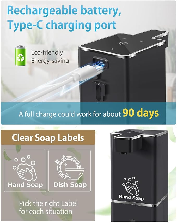 JEMISUN Automatic Foaming Soap Dispenser Touchless 380ml/12.8oz Rechargeable Hand Soap Dispenser Wall Mounted 4 Levels Adjustable Foam Soap Pump for Bathroom Kitchen Dish Soap