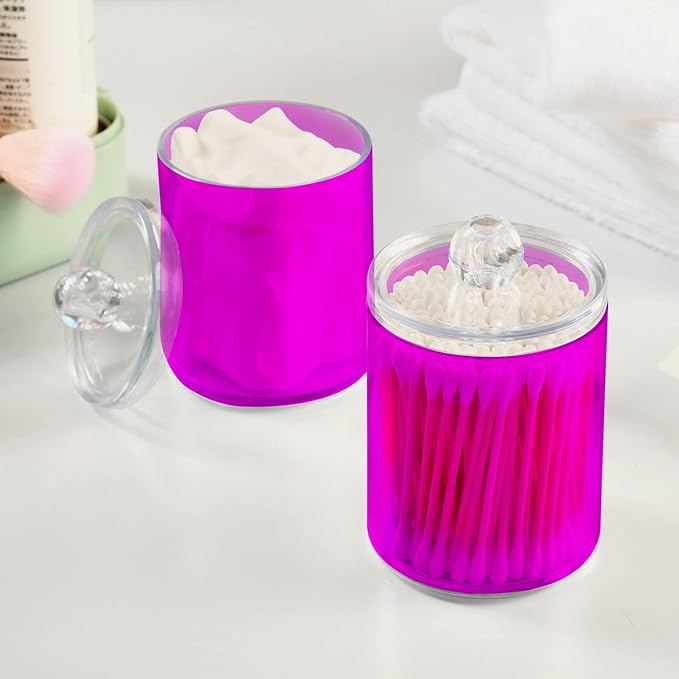 Magenta Purple Qtip Holder Organizer Dispenser Cotton Swabs Cans Plastic Jars with Lid Set 2 Pack Bathroom Storage Canister for Cotton Ball Floss Cotton Pads