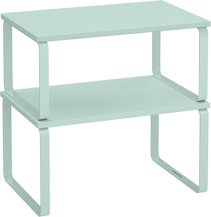 SONGMICS Cabinet Organizer Shelf, Set of 2 Kitchen Counter Shelves, Kitchen Storage, Spice Rack, Stackable, Expandable, Metal and Engineered Wood, 11.7 Inches, Moonlight Green UKCS002C01