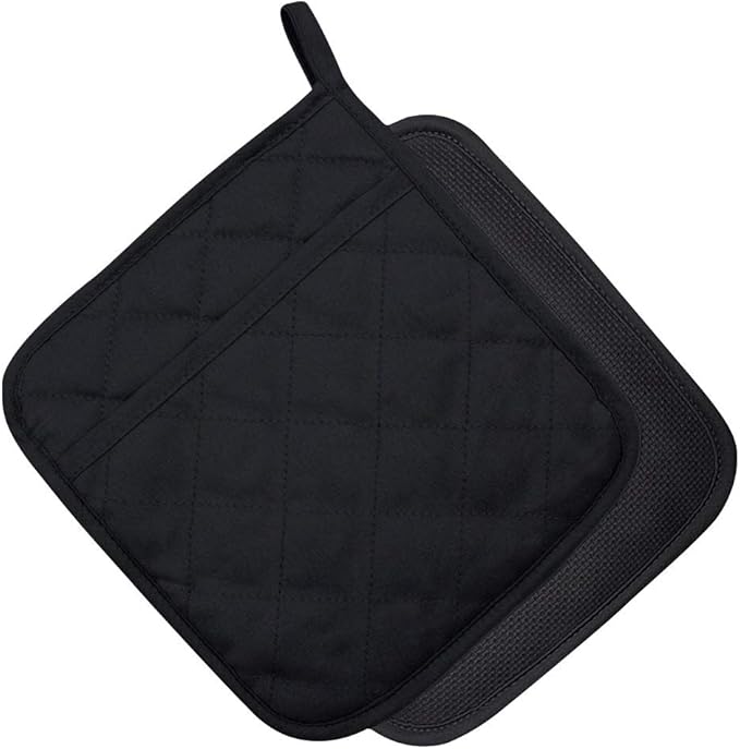 YEKOO 2Pcs Cotton and Neoprene Oven Pads Pot Holders with Pocket 8"x8.5" Dual-Function Hot Pad Set for Finger Hand Wrist Protection Heat Resistant to 428°F,Black