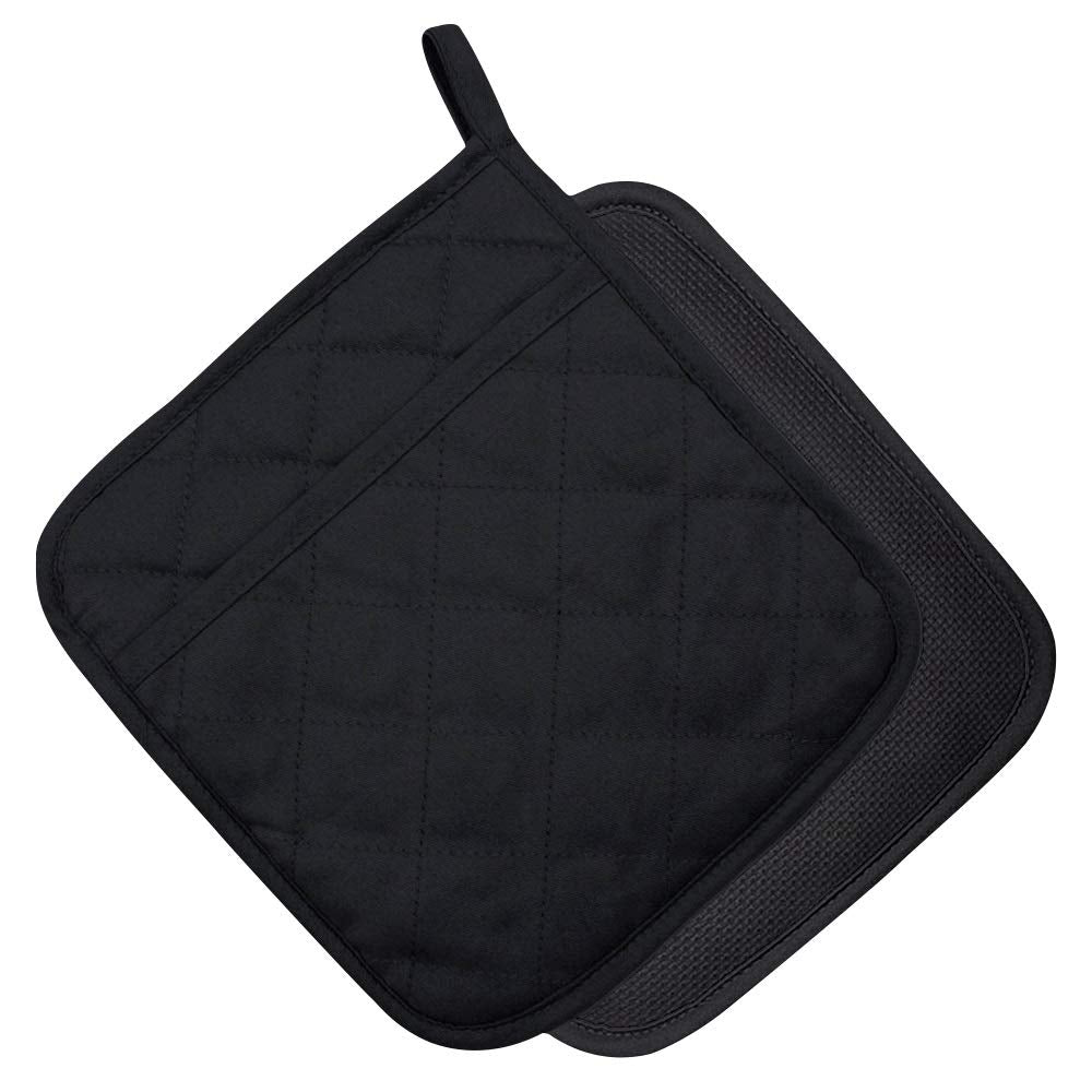 YEKOO 2Pcs Cotton and Neoprene Oven Pads Pot Holders with Pocket 8"x8.5" Dual-Function Hot Pad Set for Finger Hand Wrist Protection Heat Resistant to 428°F,Black