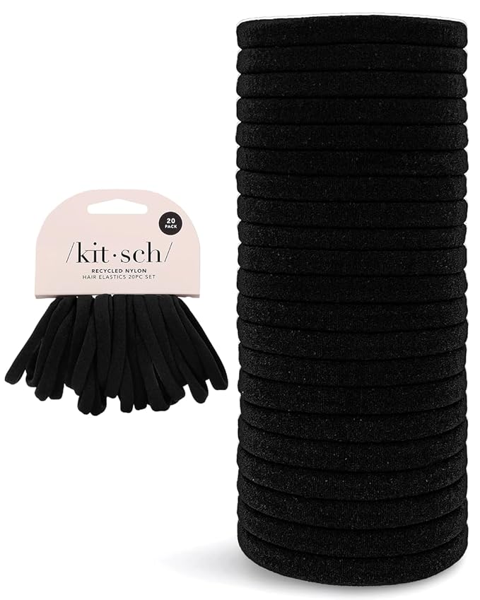 Kitsch Nylon Hair Ties No Damage - Stretchable Hair Bands for Strong All-Day Hold, Ponytail Holders | Hair Accessories for Girls - Black, 20 Pcs